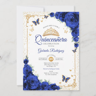 Invitación Quinceañera Elegante Chic Rosas Azul Real Dorado