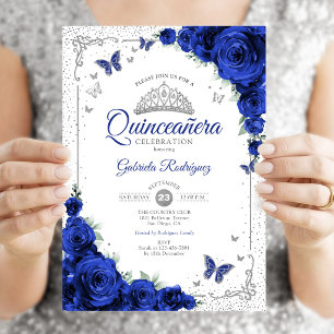 Invitación Quinceañera Elegante Chic Rosas Azules Reales Plat