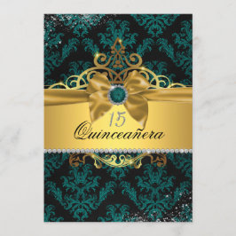 Invitación Quinceañera Elegante Damask Teal Gold