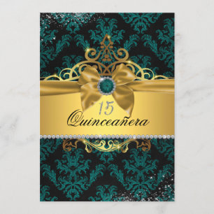 Invitación Quinceañera Elegante Damask Teal Gold