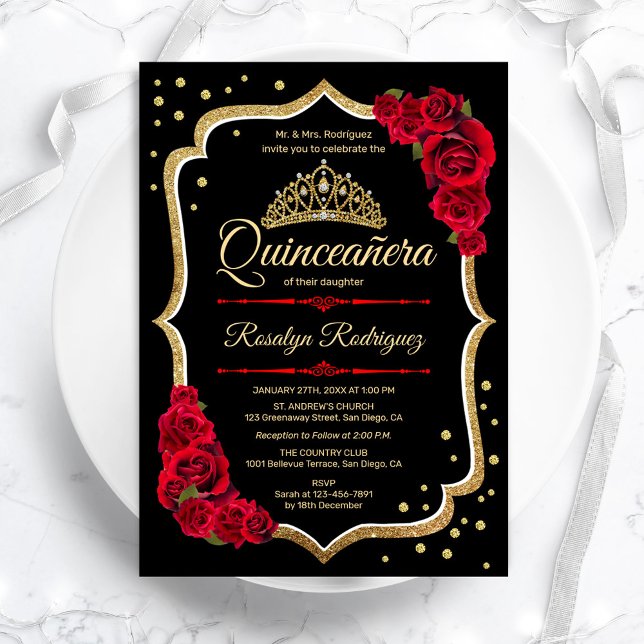 Invitación Quinceanera elegante de oro rojo negro (Subido por el creador)
