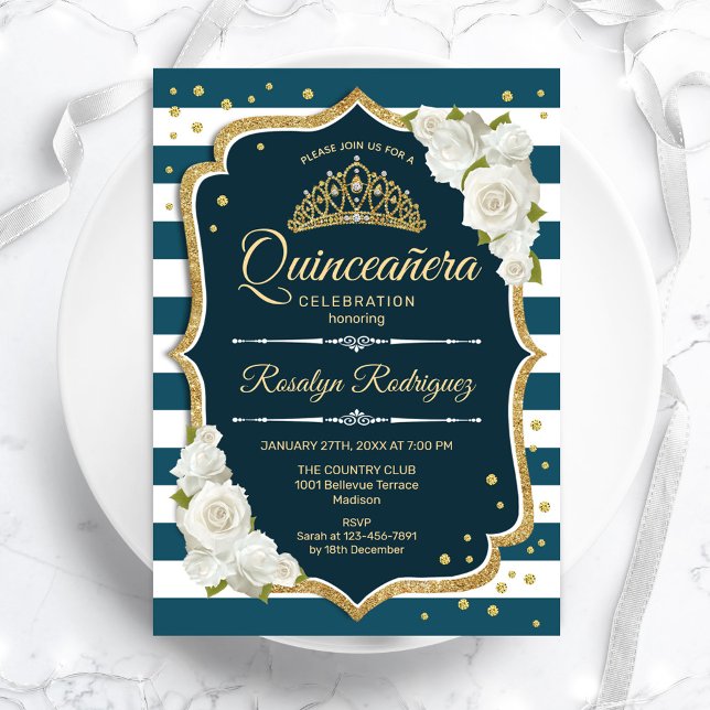 Invitación Quinceanera elegante de oro verde azulado (Subido por el creador)
