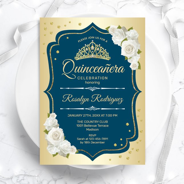 Invitación Quinceanera elegante de oro verde azulado (Subido por el creador)