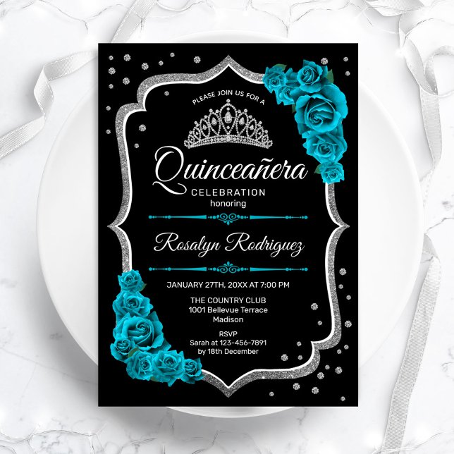 Invitación Quinceanera elegante de plata negra verde azulada (Subido por el creador)