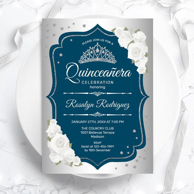 Invitación Quinceanera elegante de plata verde azulada (Subido por el creador)