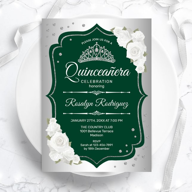 Invitación Quinceanera elegante de plata verde esmeralda (Subido por el creador)