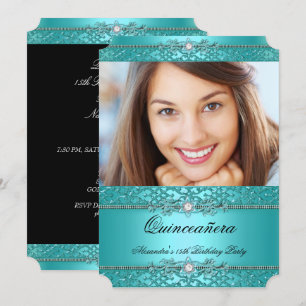 Invitación Quinceañera Elegante Diamante Azul Teal Foto