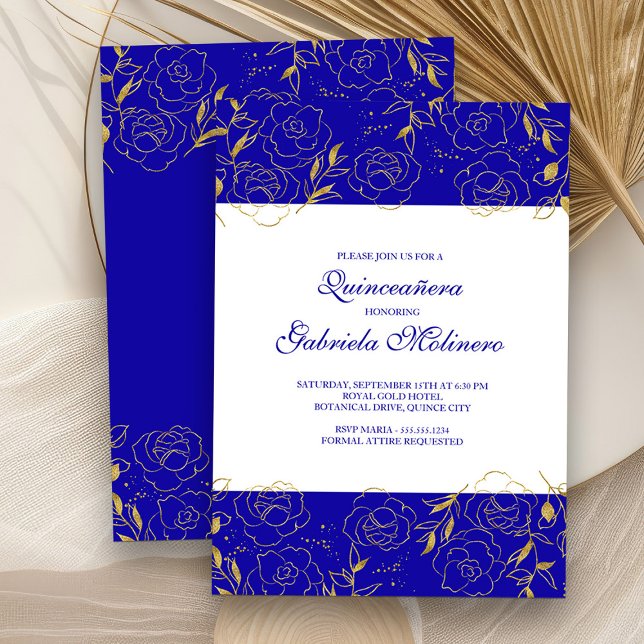Invitación Quinceanera Elegante Floral Real Azul y Dorada (Quinceanera Invitation from my Elegant Gold Flowers Quinceanera Collection)