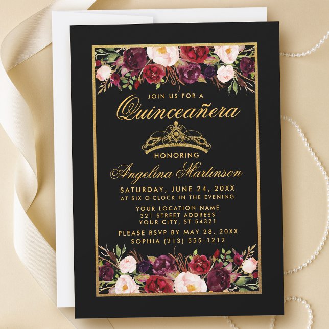 Invitación Quinceanera Elegante Marco Floral Dorado Crown Neg (Subido por el creador)