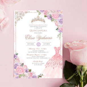 Invitación Quinceanera elegante morada de lavanda rosa Rubor