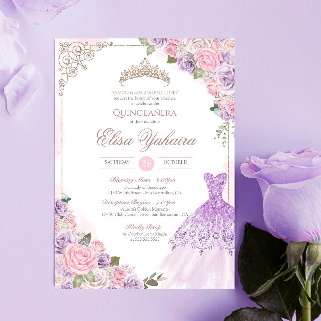 Invitación Quinceanera elegante morada de lavanda rosa Rubor (Subido por el creador)