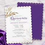 Invitación Quinceanera Elegante Morado y Hoja de Oro<br><div class="desc">Invitación a Quinceanera Purple y Gold. Este diseño lujoso presenta bordes de confeti dorados, con hojas de oro trenzadas en línea, hojas de oro sólido y caligrafía elegante. Moda sencilla y elegante para chicas. Por favor, revisa mi tienda o envíame un mensaje para encontrar artículos de papelería, regalos y decoración...</div>