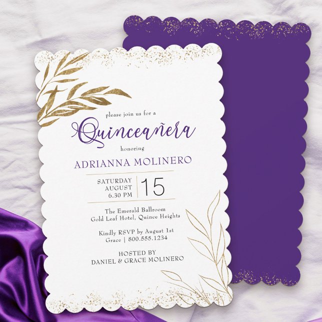 Invitación Quinceanera Elegante Morado y Hoja de Oro (Modern Quinceanera invitation in white, purple and gold from my Gold Leaf Collection)