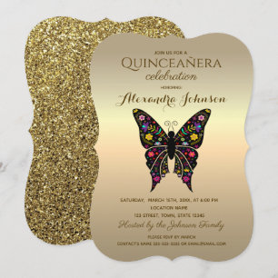 Invitación Quinceañera Elegante Negro y Dorado