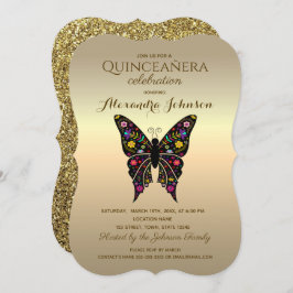 Invitación Quinceanera elegante negro y oro