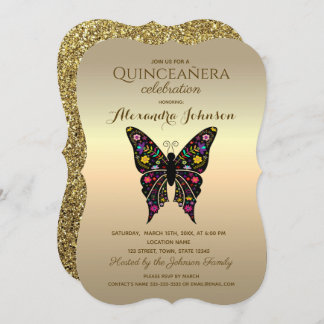 Invitación Quinceanera elegante negro y oro