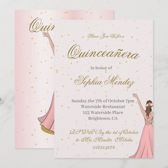 Invitación Quinceanera elegante oro rosa (Anverso / Reverso)