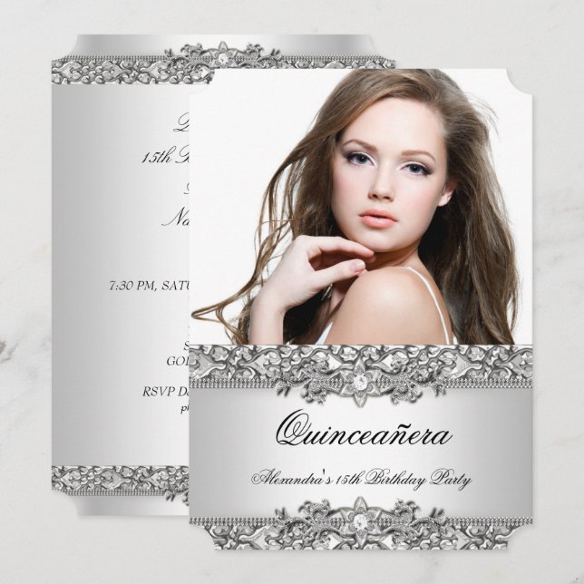 Invitación Quinceanera Elegante Plata Diamante Blanco Foto 2 (Anverso / Reverso)