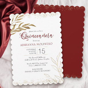 Invitación Quinceanera Elegante Rojo y Hoja de Oro