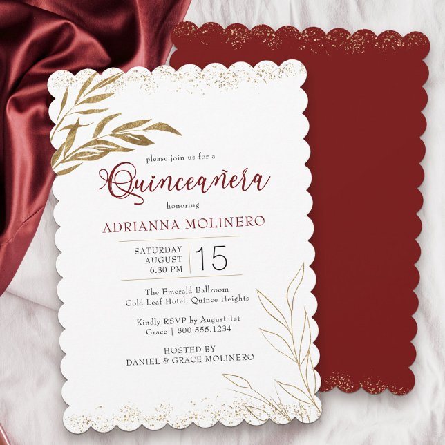 Invitación Quinceanera Elegante Rojo y Hoja de Oro (Modern Quinceanera invitation in white, red and gold from my Gold Leaf Collection)
