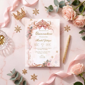 Invitación Quinceañera elegante rosa y dorado