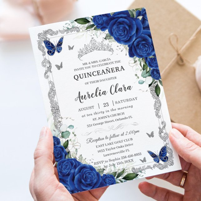 Invitación Quinceañera Elegante Royal Azul Floral Vintage Pla (Subido por el creador)