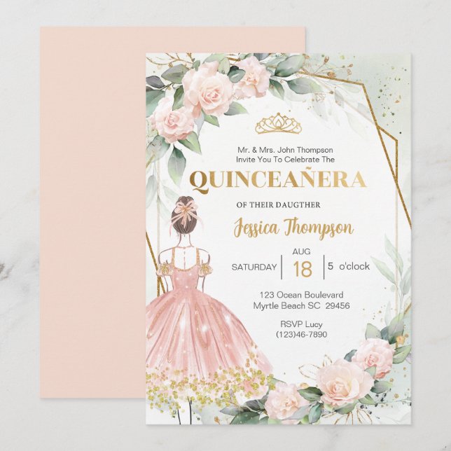 Invitación Quinceañera Elegante Rubor Floral de oro rosa (Anverso / Reverso)