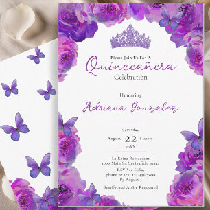Invitación Quinceañera Elegante Tiara Floral Púrpura XV 15