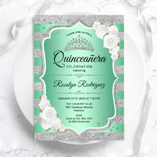 Invitación Quinceanera elegante verde plateado