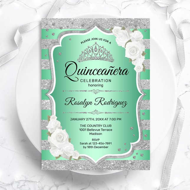 Invitación Quinceanera elegante verde plateado (Subido por el creador)