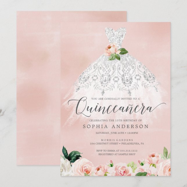 Invitación Quinceañera Elegante Vestido Floral 15º Cumpleaños (Anverso / Reverso)