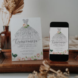 Invitación Quinceañera Elegante Vestido Floral 15 cumpleaños