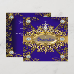 Invitación Quinceañera Elite Azul Real Dorado Damask 15°