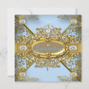 Invitación Quinceañera Elite Azul Suave Dorado Damask 15º