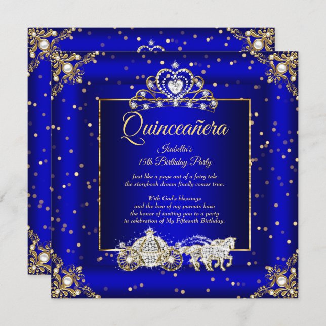 Invitación Quinceanera Elite Royal Blue Gold Sparkle (Anverso / Reverso)