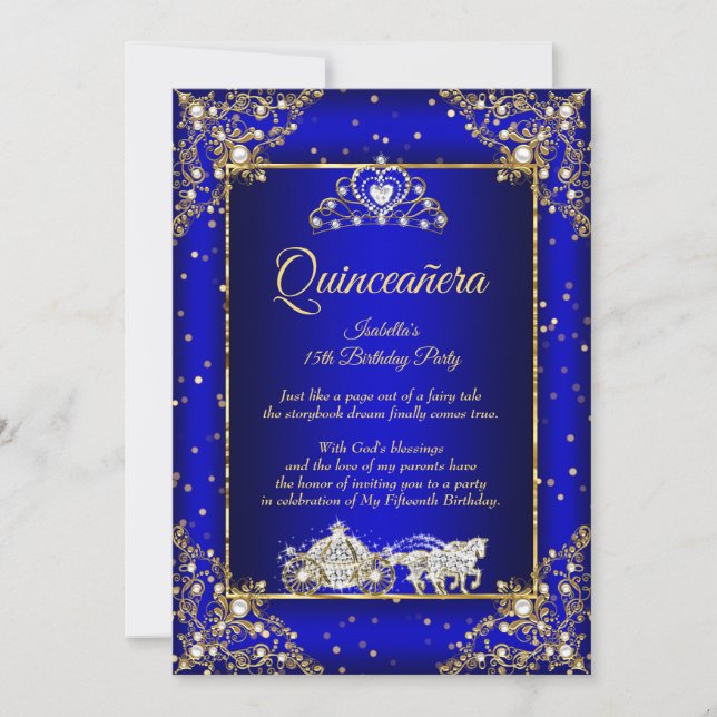 Invitación Quinceanera Elite Royal Blue Gold Sparkle (Anverso)