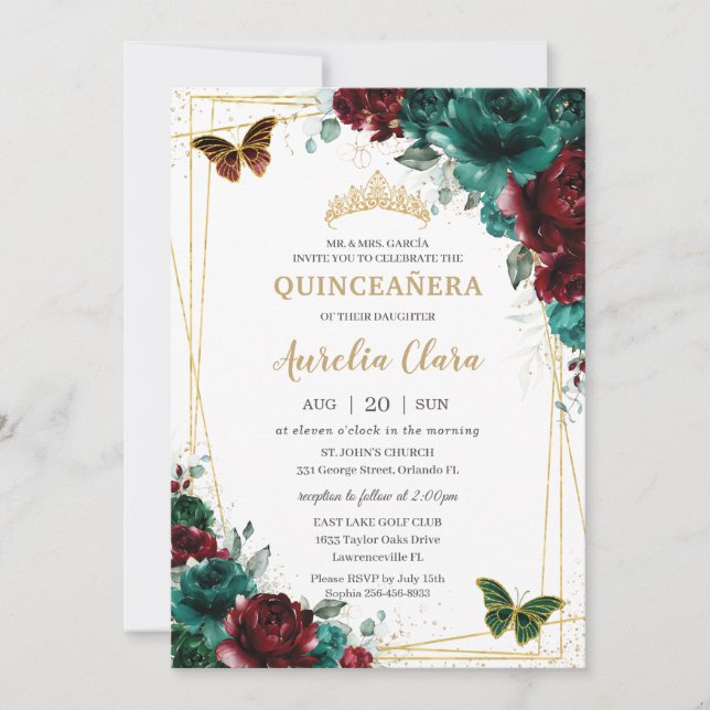 Invitación Quinceanera Emerald Burgundy Floral Butterflies (Anverso)
