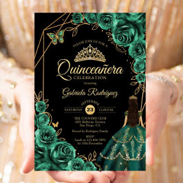 Invitación Quinceanera Emerald Gold Gold Dress Floral 