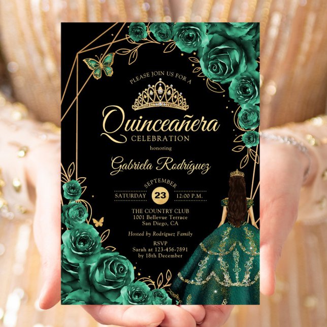 Invitación Quinceanera Emerald Gold Gold Dress Floral  (Subido por el creador)