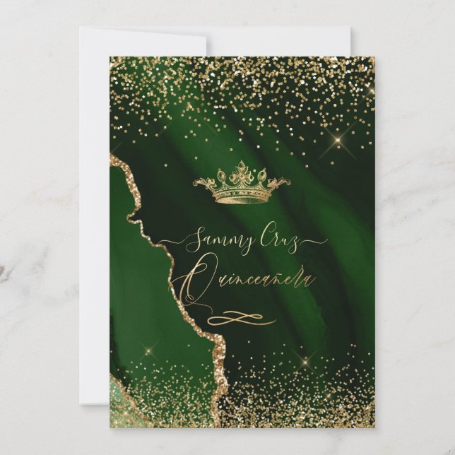 Invitación Quinceanera Emerald Green Agate Faux Gold Dust Inv (Anverso)
