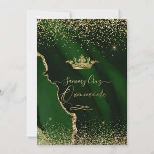 Invitación Quinceanera Emerald Green Agate Faux Gold Dust Inv