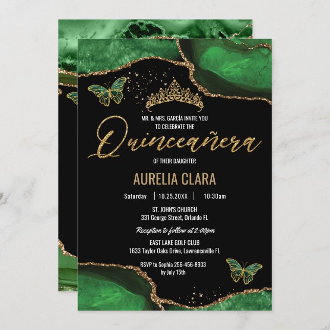 Invitación Quinceañera Emerald Green Agate Marble Butterflies (Anverso / Reverso)