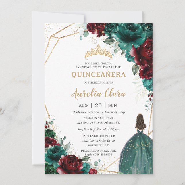 Invitación Quinceañera Emerald Green Burgundy Floral Gold (Anverso)