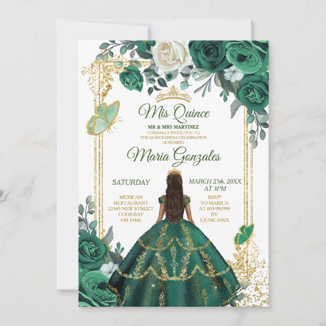 Invitación Quinceañera Emerald Green Butterfly Gold Crown (Anverso)