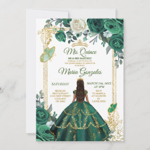 Invitación Quinceañera Emerald Green Butterfly Gold Crown