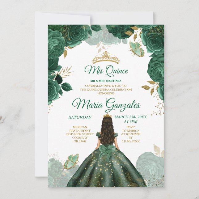 Invitación Quinceañera Emerald Green Butterfly Gold Crown (Anverso)