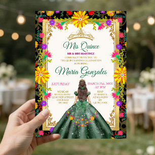Invitación Quinceanera Emerald Green Colorful Flower Birday