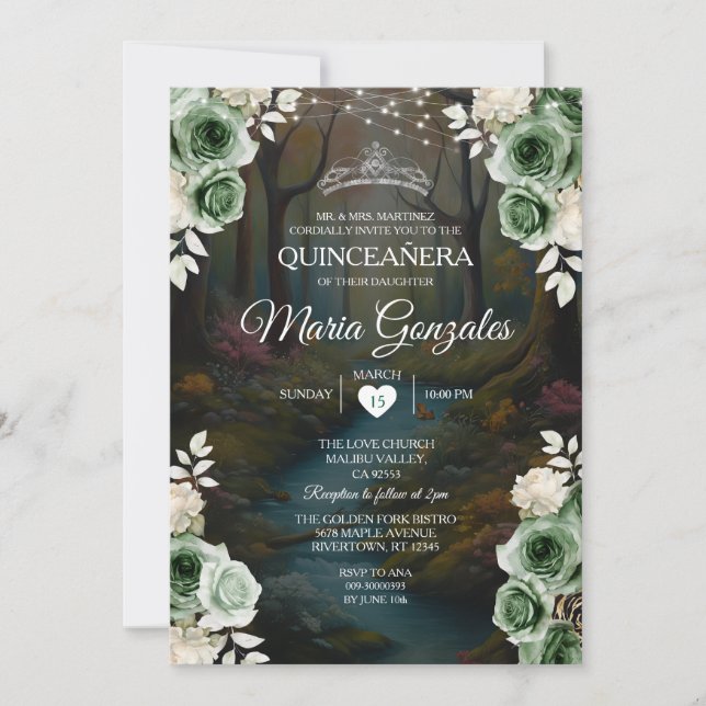 Invitación Quinceañera Emerald Green Encantado Floral Foresta (Anverso)