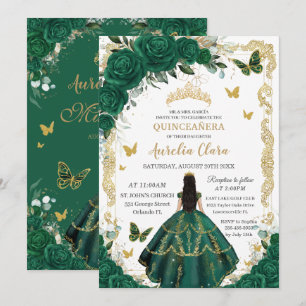 Invitación Quinceañera Emerald Green Floral Black Hair Gold