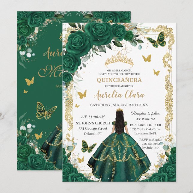 Invitación Quinceañera Emerald Green Floral Black Hair Gold (Anverso / Reverso)